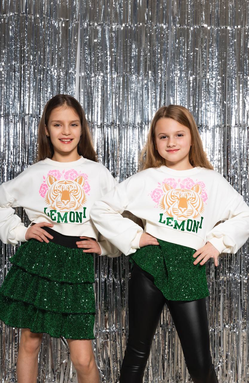 Girls´ glitter tunic with a tiger & pink rose print - white and green - Lemoni Boutique