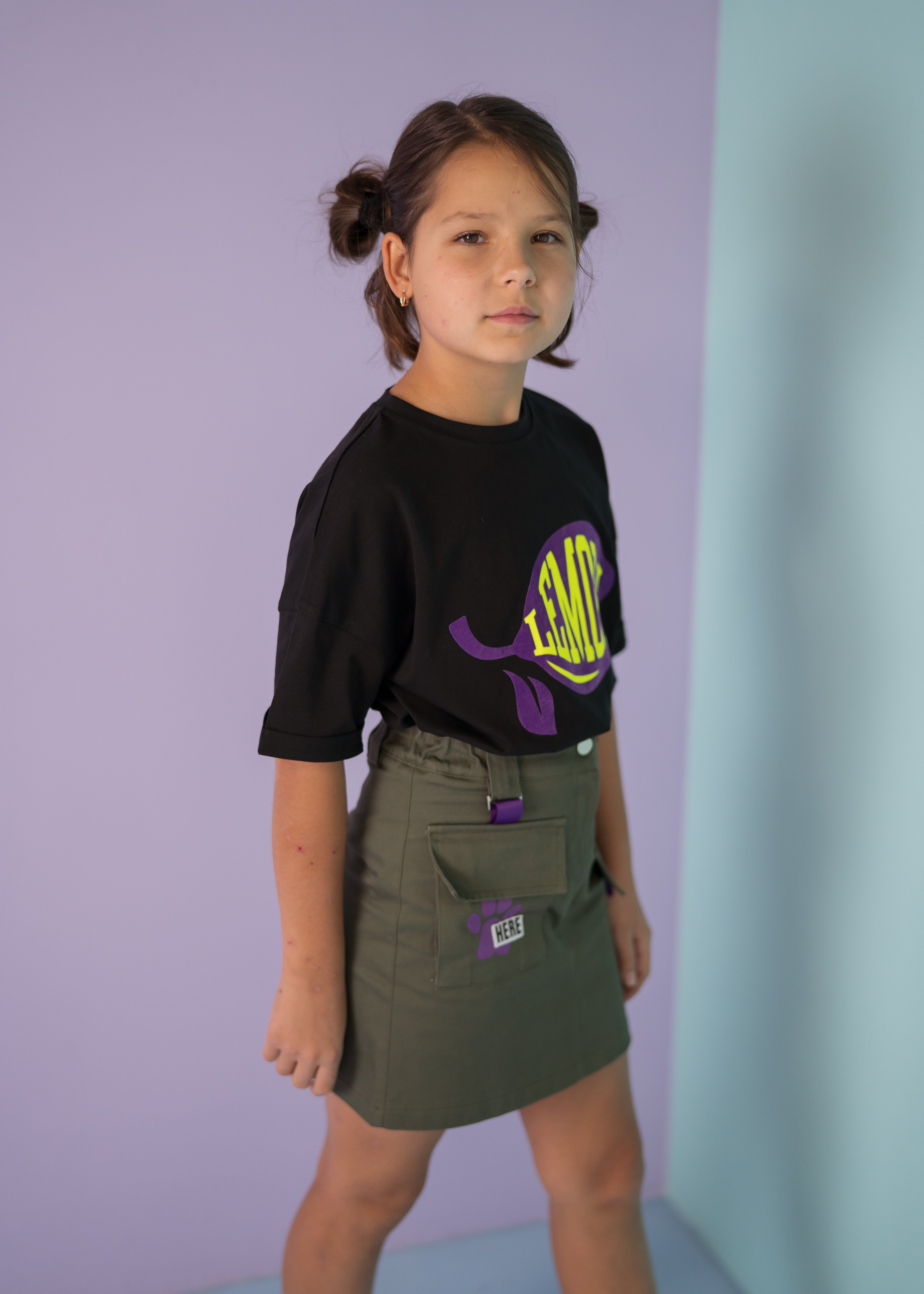 Girls´ cargo denim skirt paw print- khaki - Lemoni Boutique