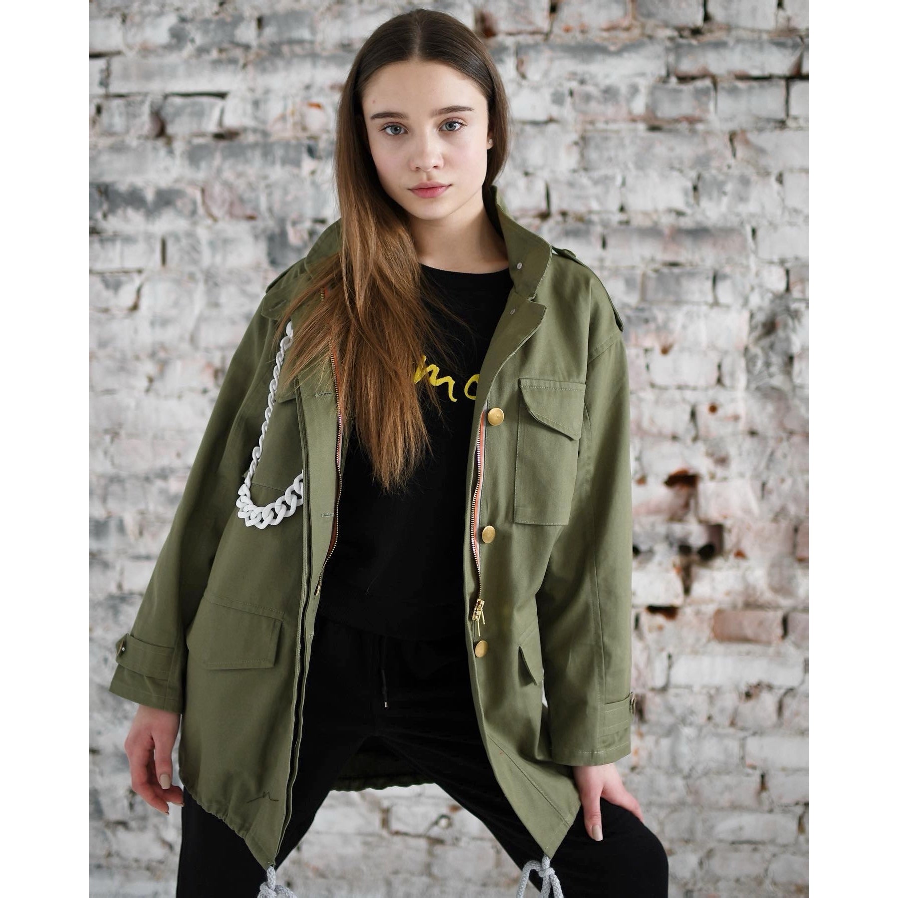 Lightweight denim parka for girls - khaki - Lemoni Boutique