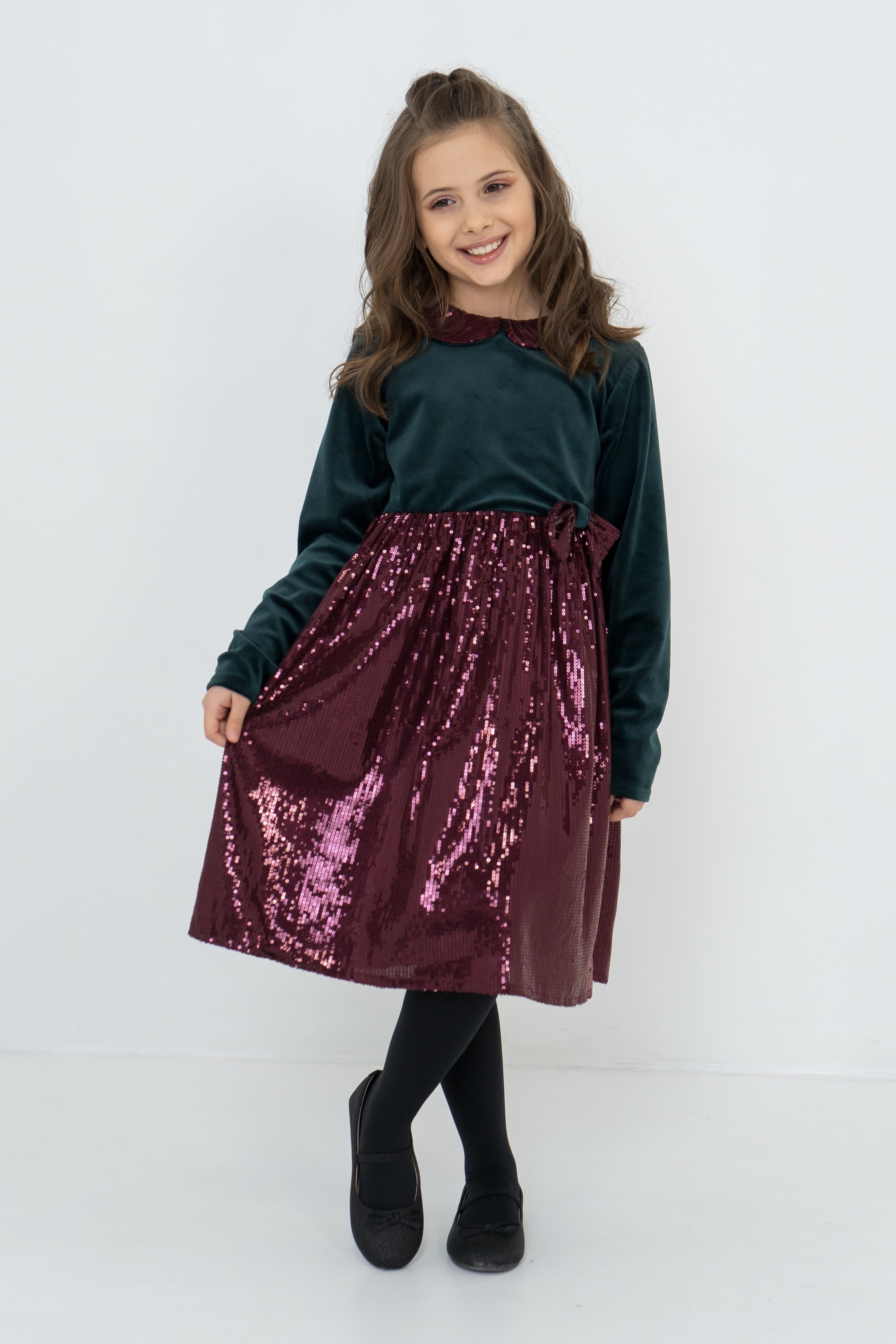 Girls´ festive velours dress with sequined elements - green & bordeaux - Lemoni Boutique