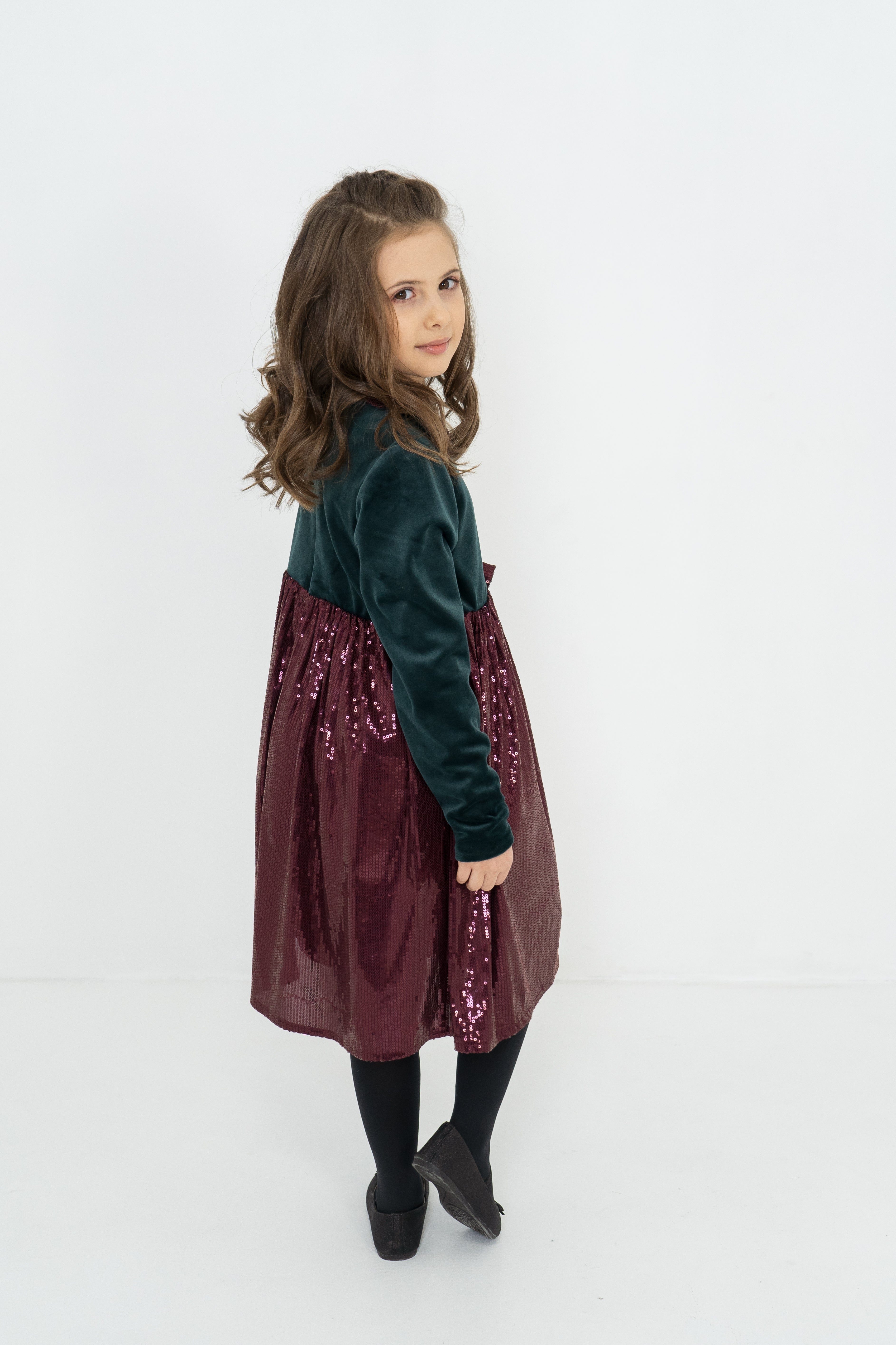 Girls´ festive velours dress with sequined elements - green & bordeaux - Lemoni Boutique