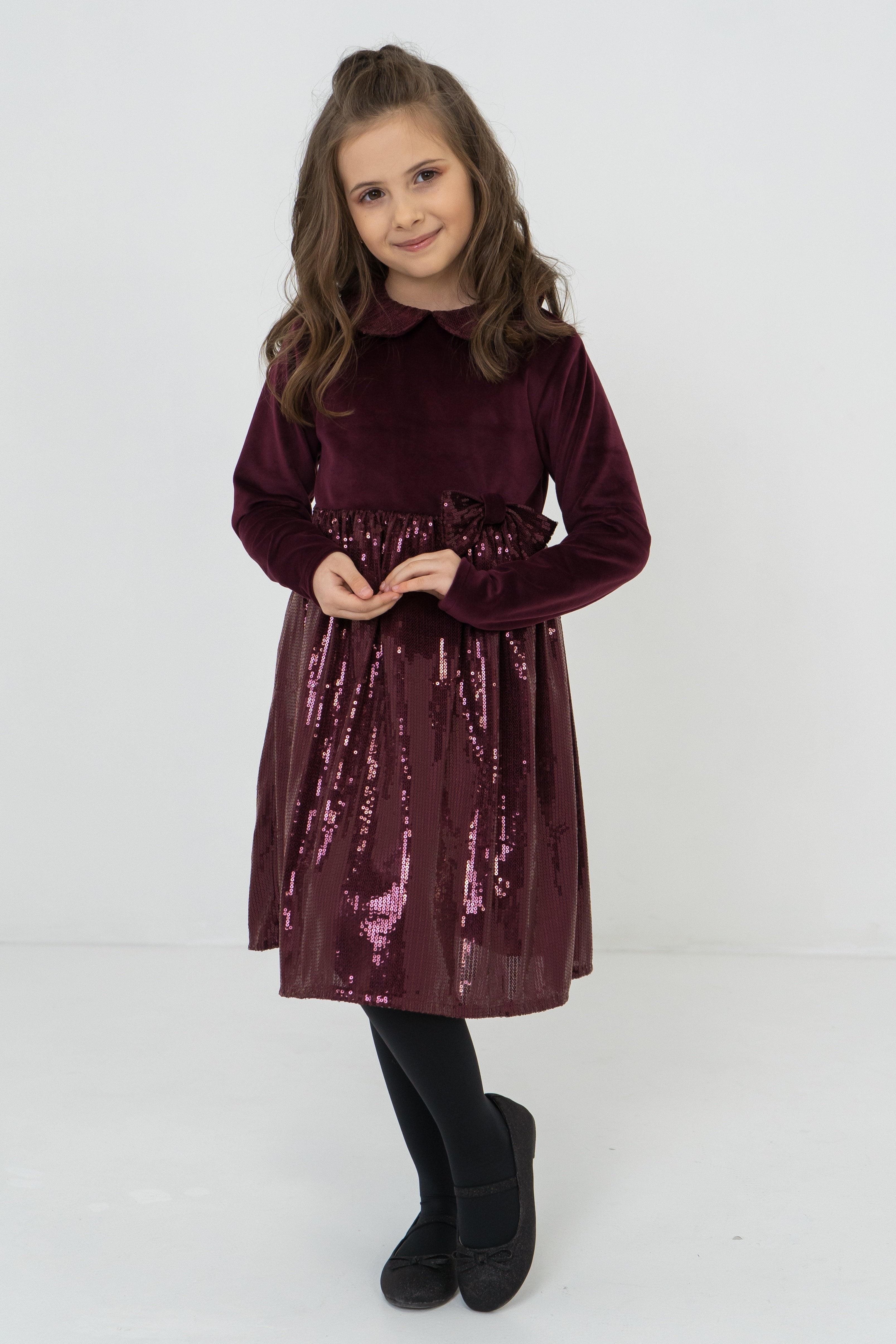 Girls´s festive velours dress with sequined elements - bordeaux - Lemoni Boutique