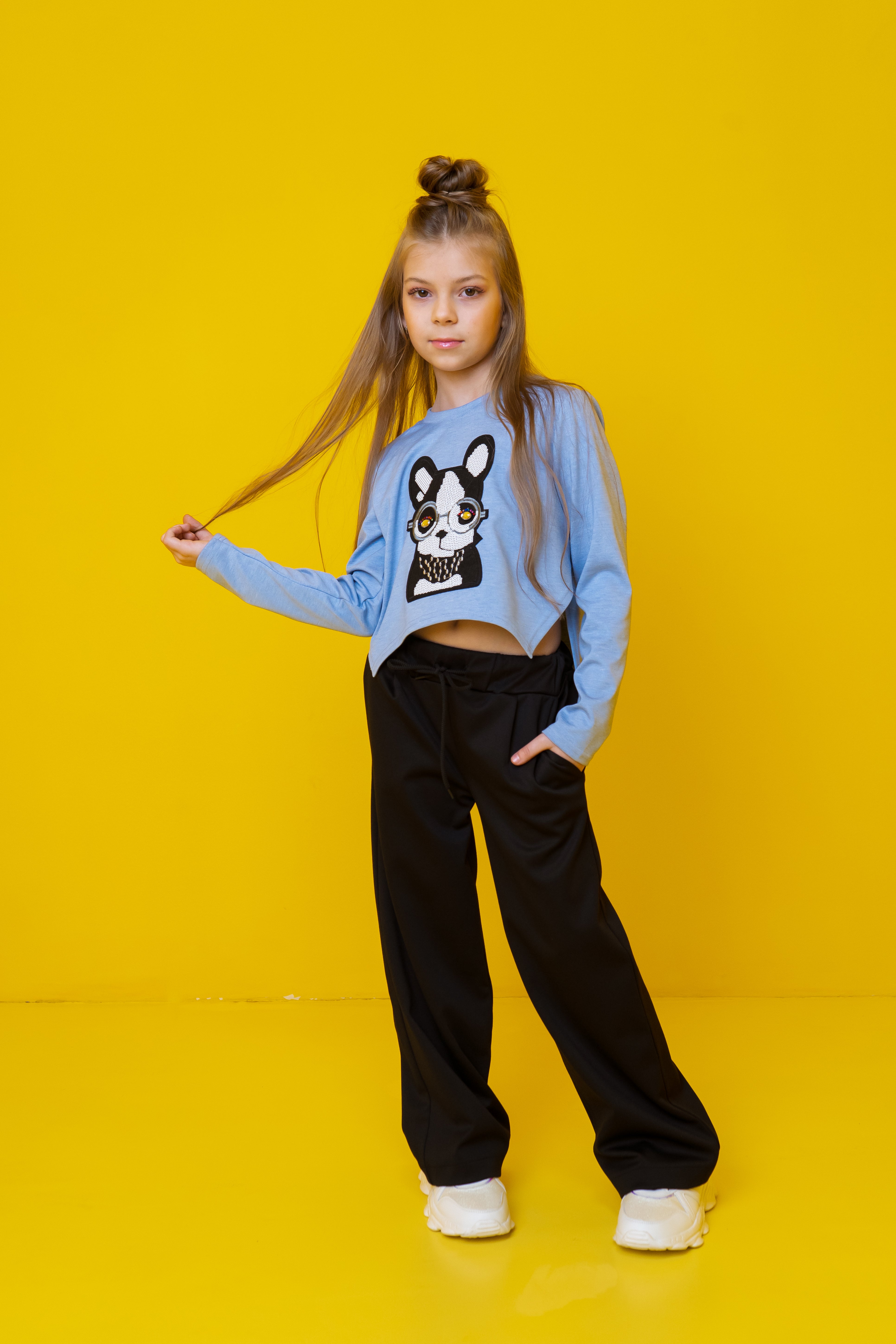 Girls long-sleeve shirt with Dog - skyblue - Lemoni Boutique
