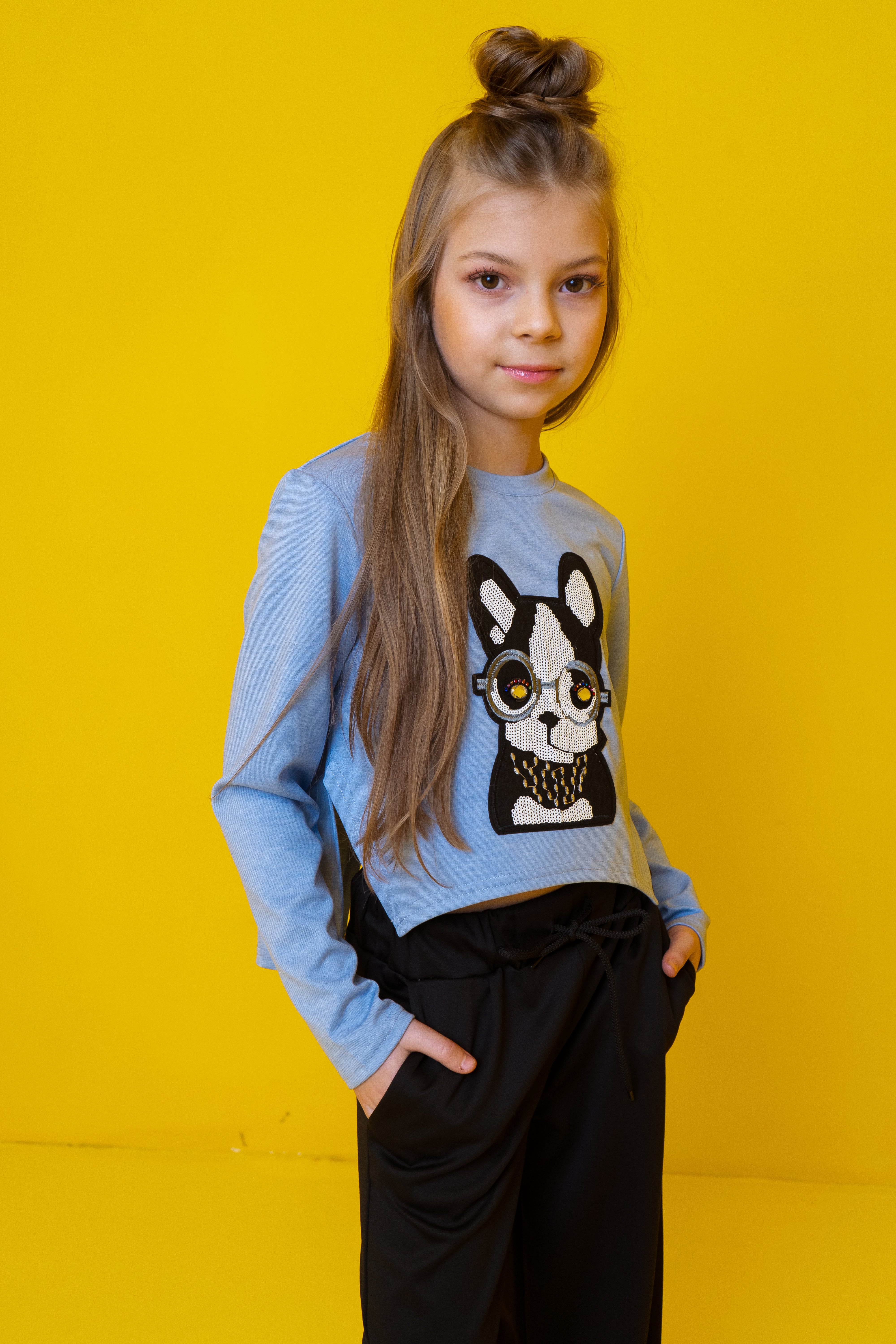 Girls long-sleeve shirt with Dog - skyblue - Lemoni Boutique