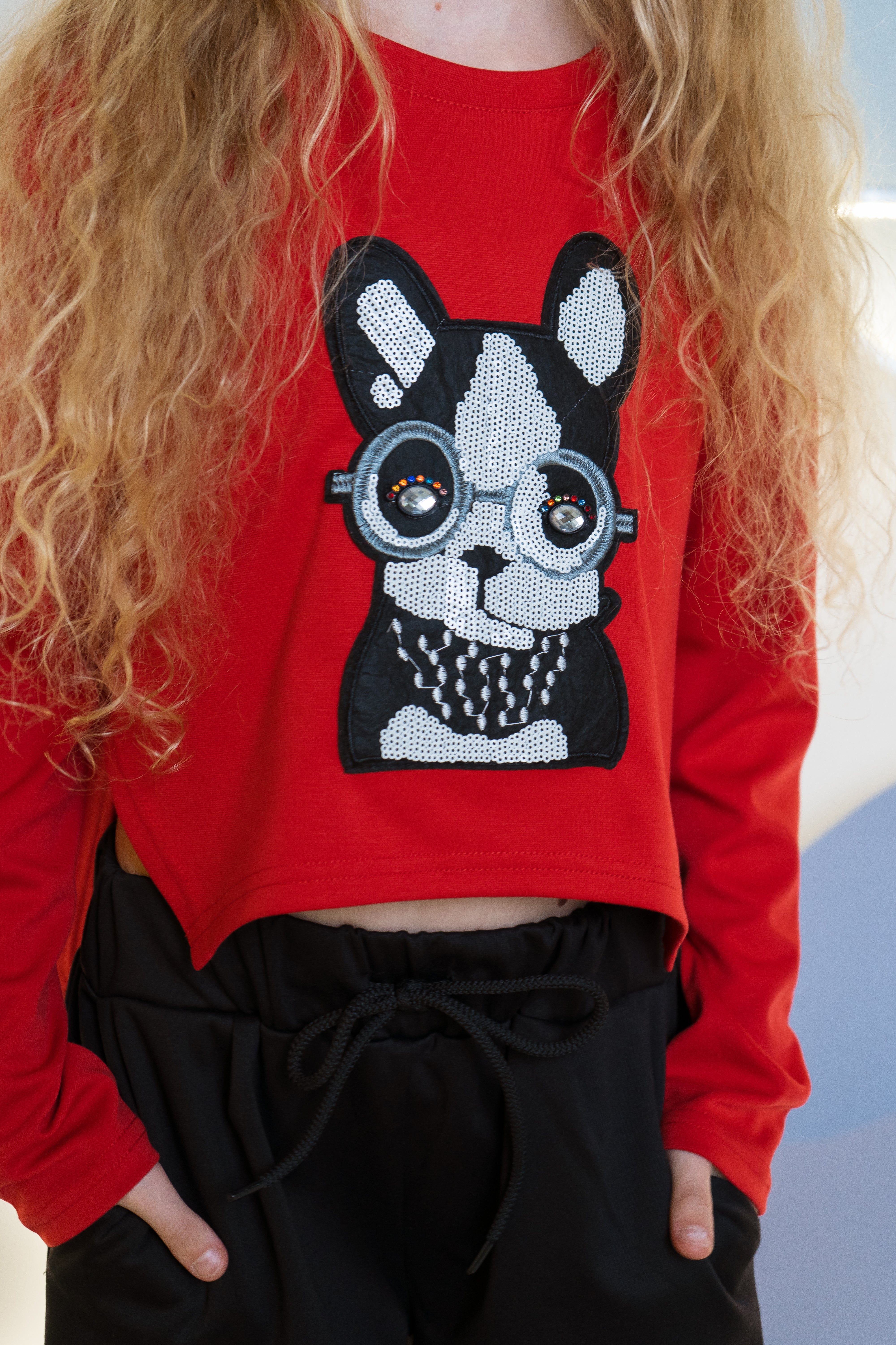 Girl´s red sweatshirt dog 