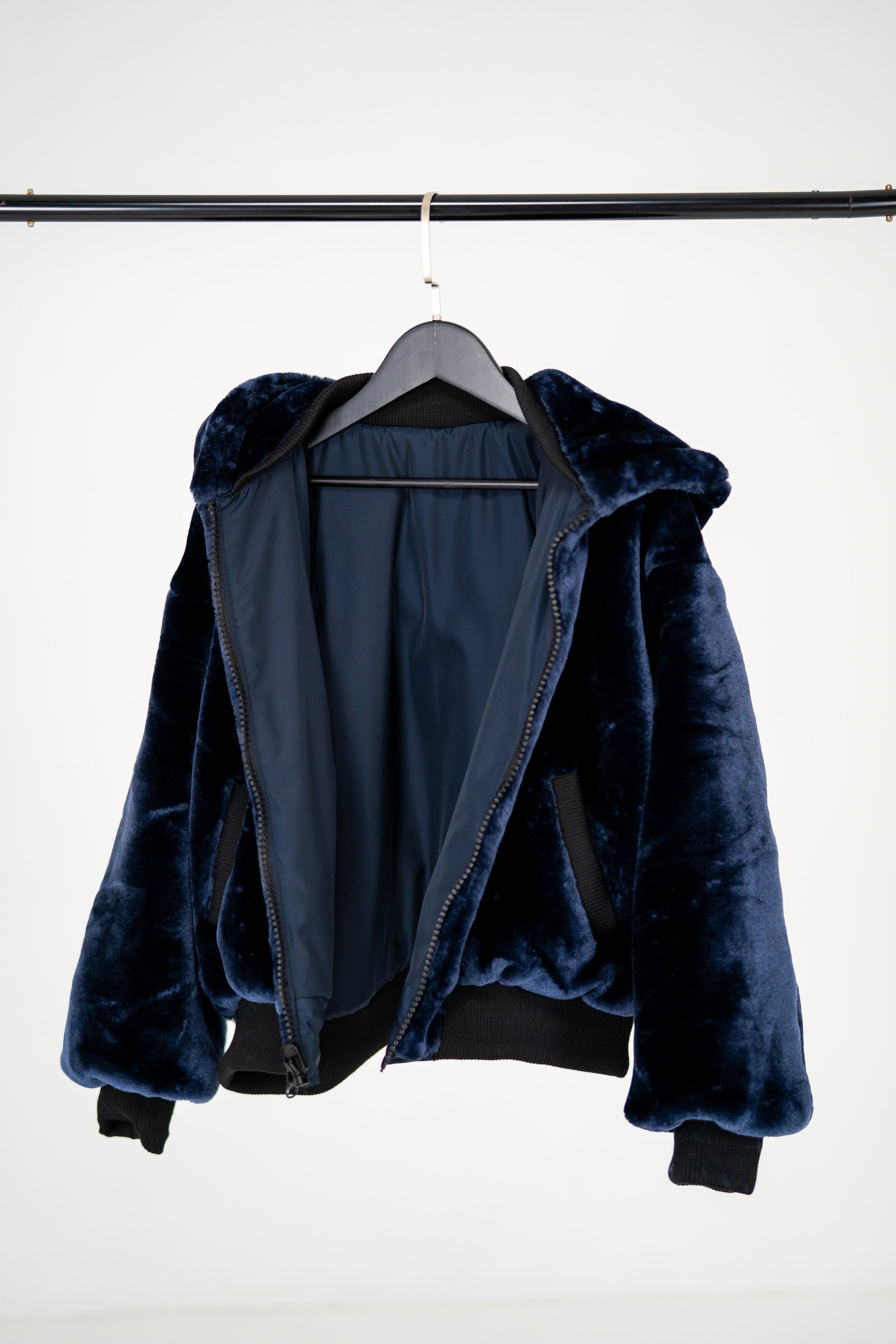 Reversible faux fur Winter Jacket with Hood - dark blue