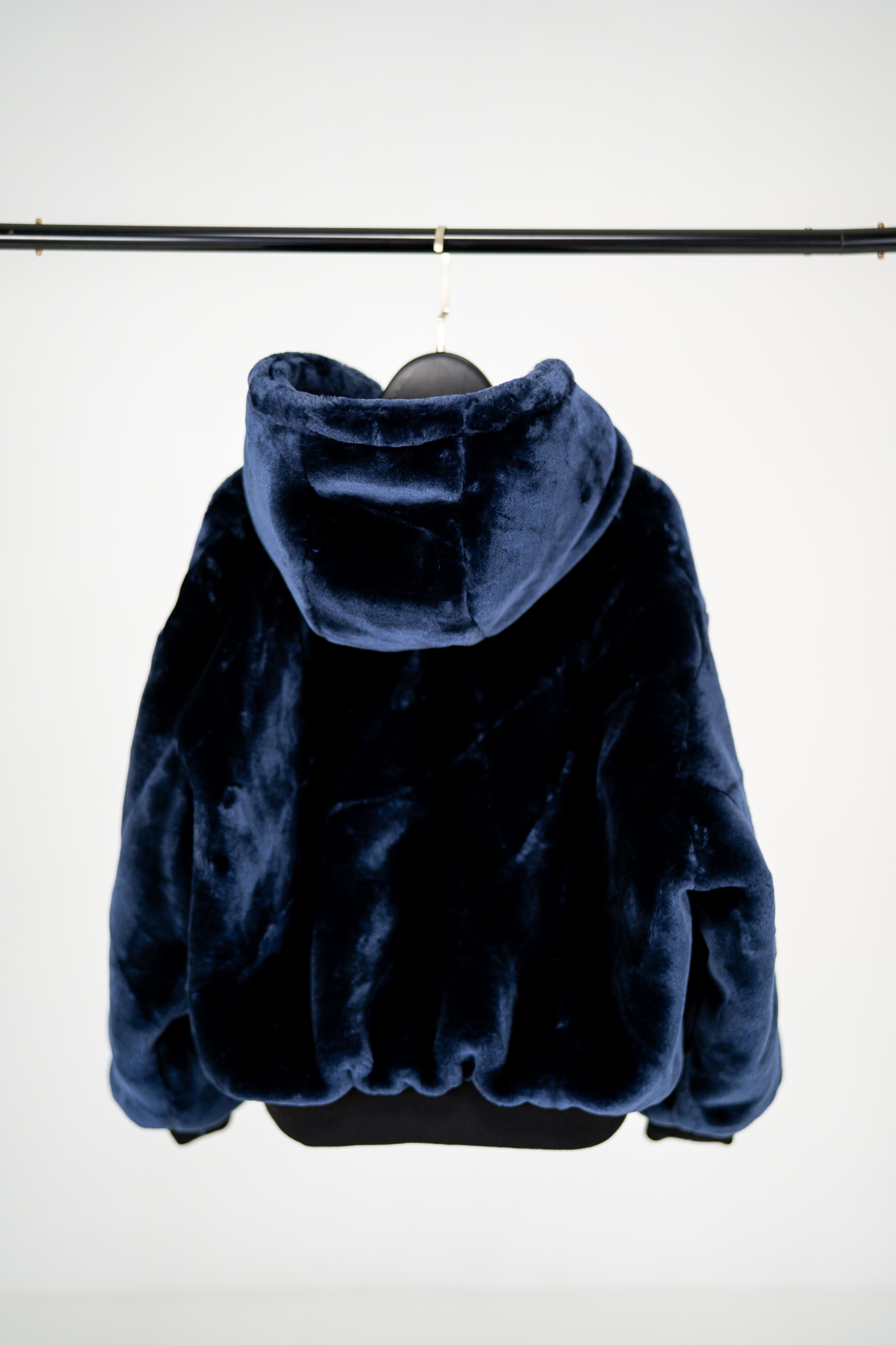 Reversible faux fur Winter Jacket with Hood - dark blue