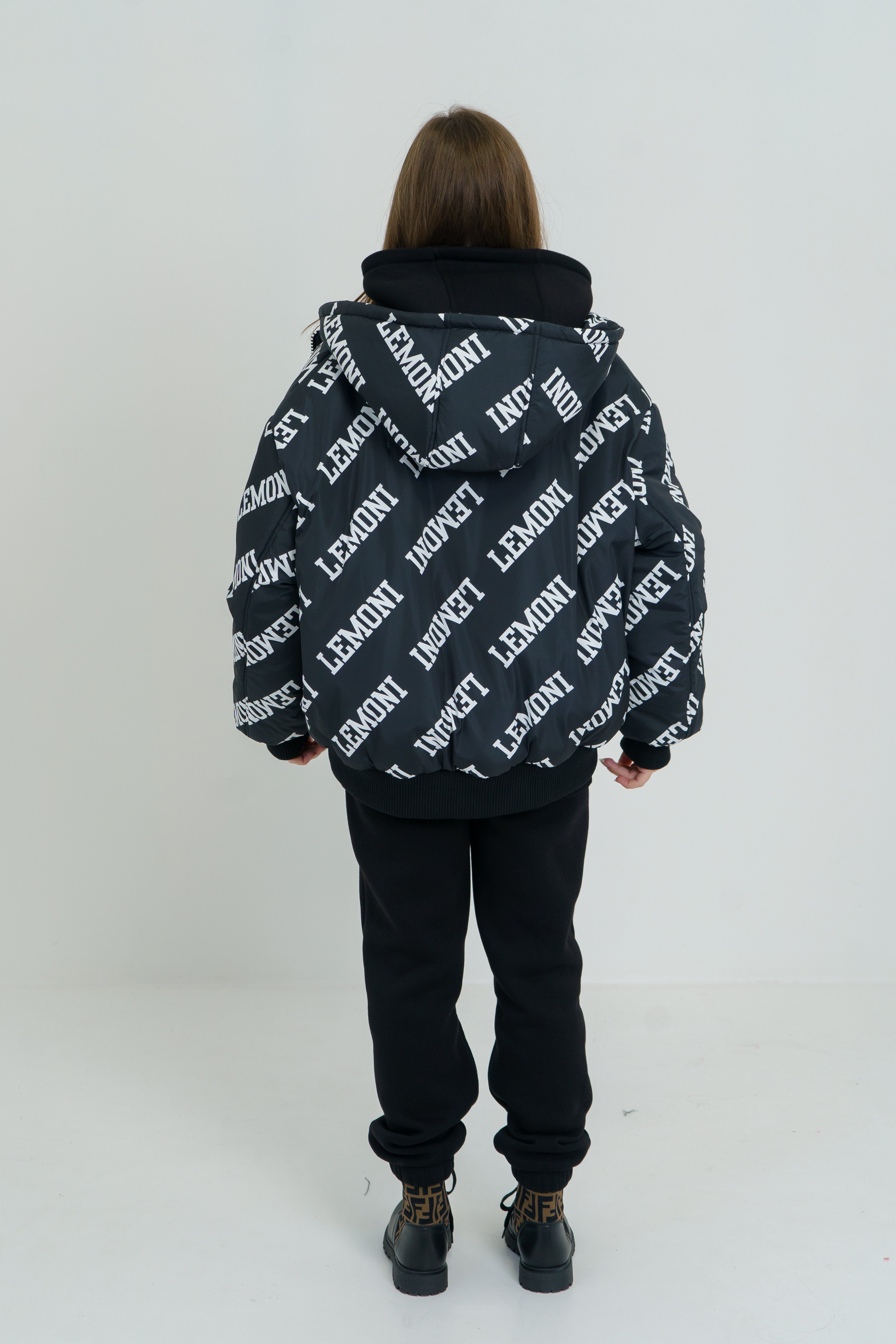 Hooded winter jacket with Lemoni pattern - black - Lemoni Boutique