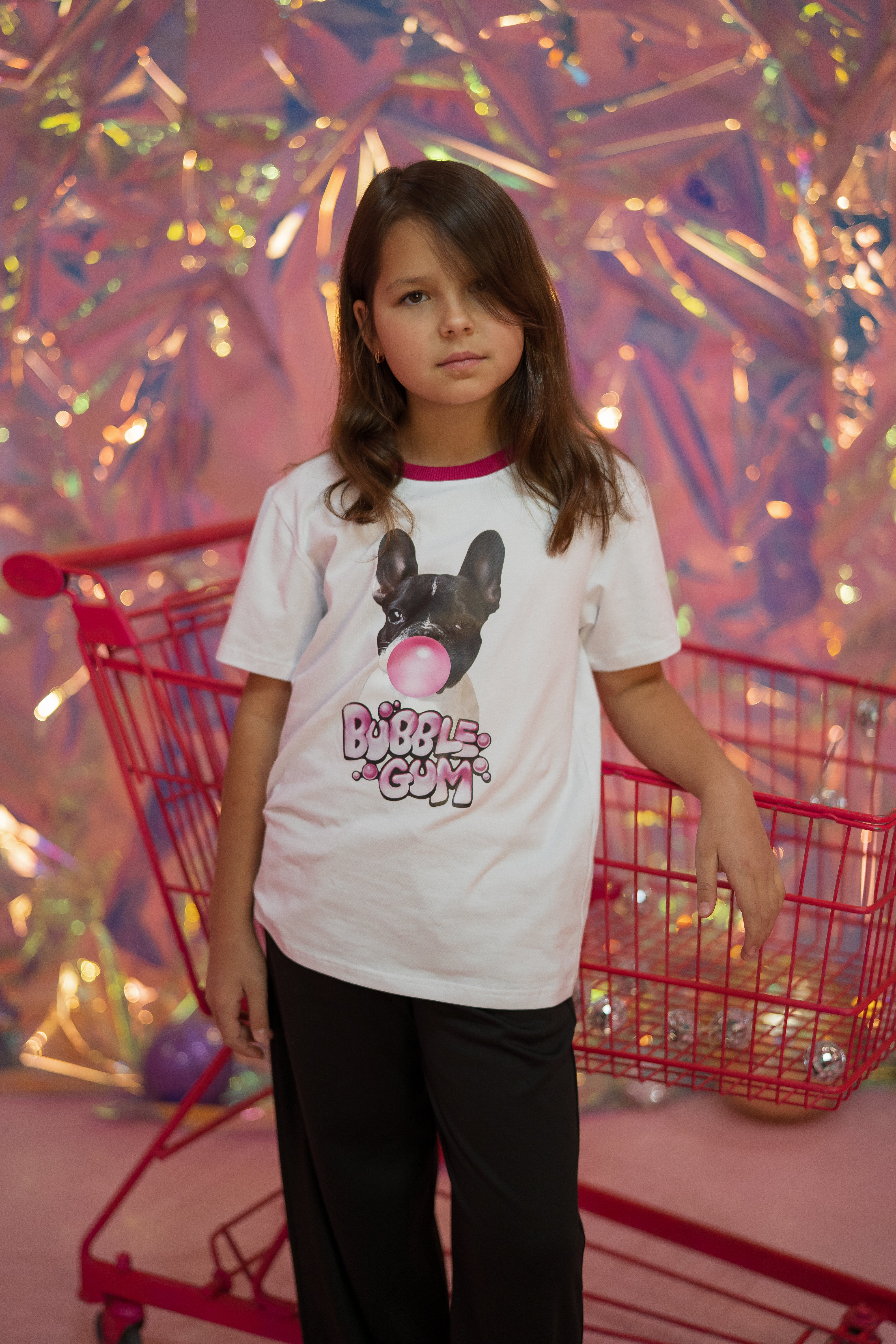 Girls´ and boys´ classic T-shirt featuring bulldog Bubble Gum print - white - Lemoni Boutique