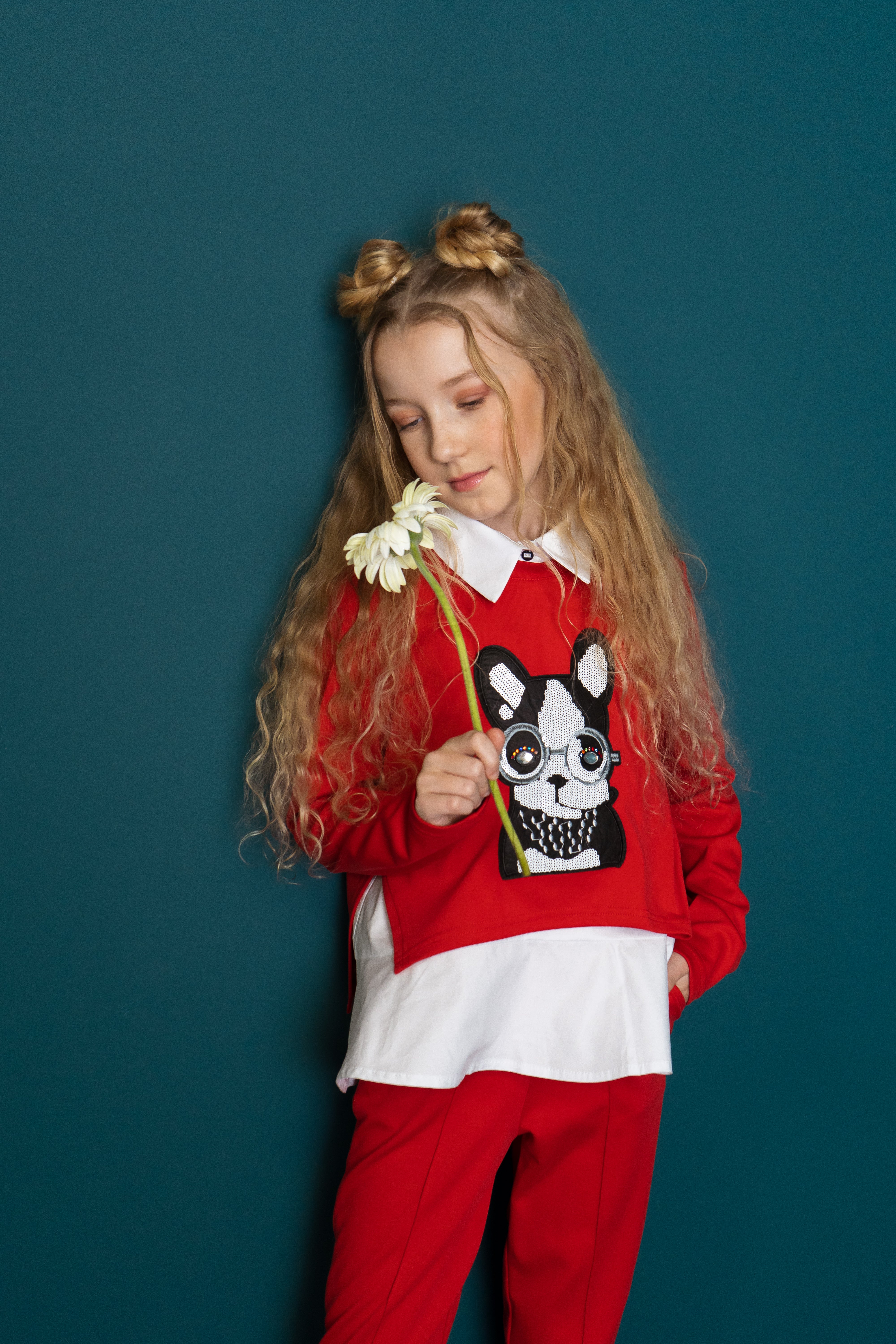 Set blouse and sweatshirt with a French bulldog - red - Lemoni Boutique