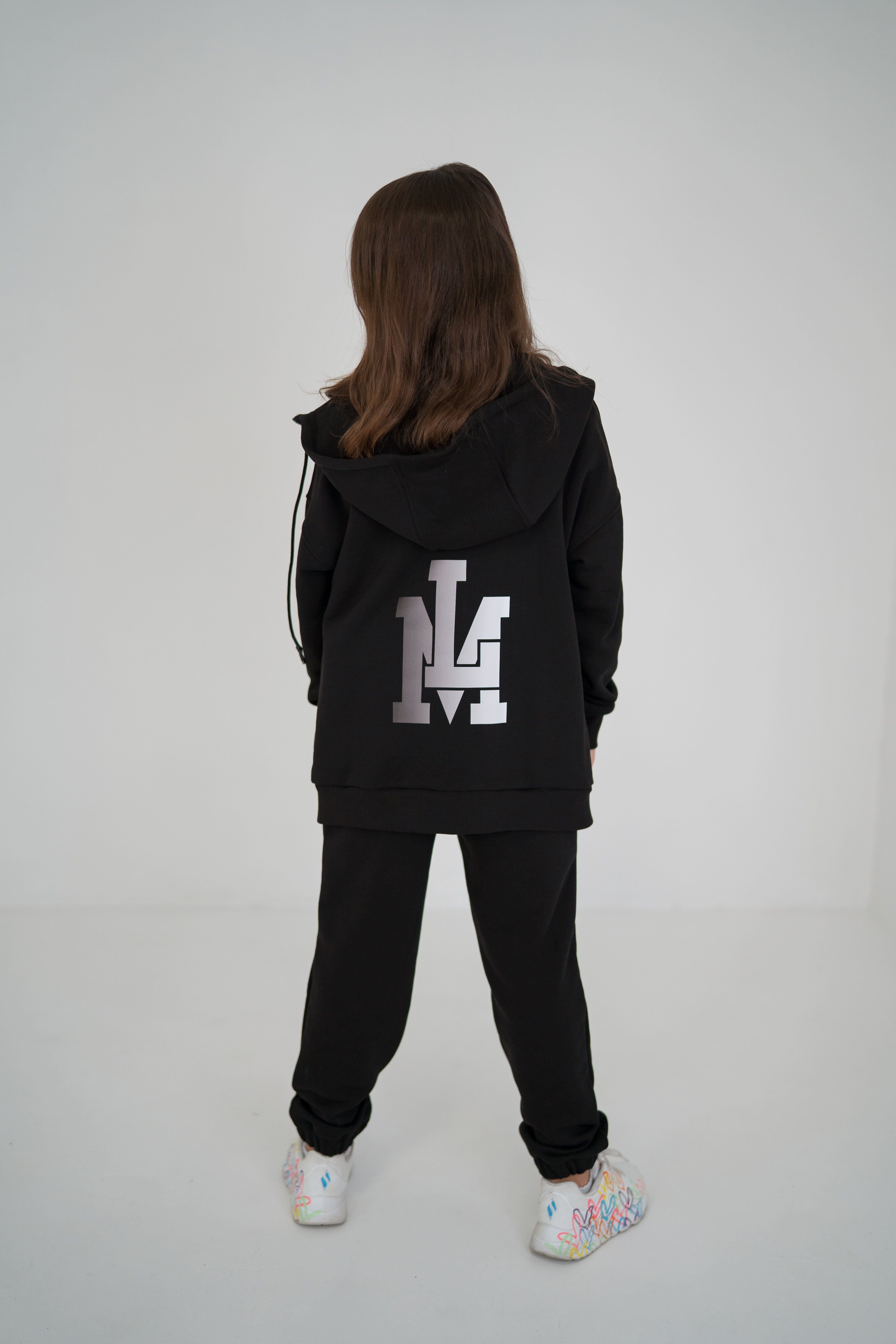 Longline zip-up hoodie with print for girls and boys - black - Lemoni Boutique