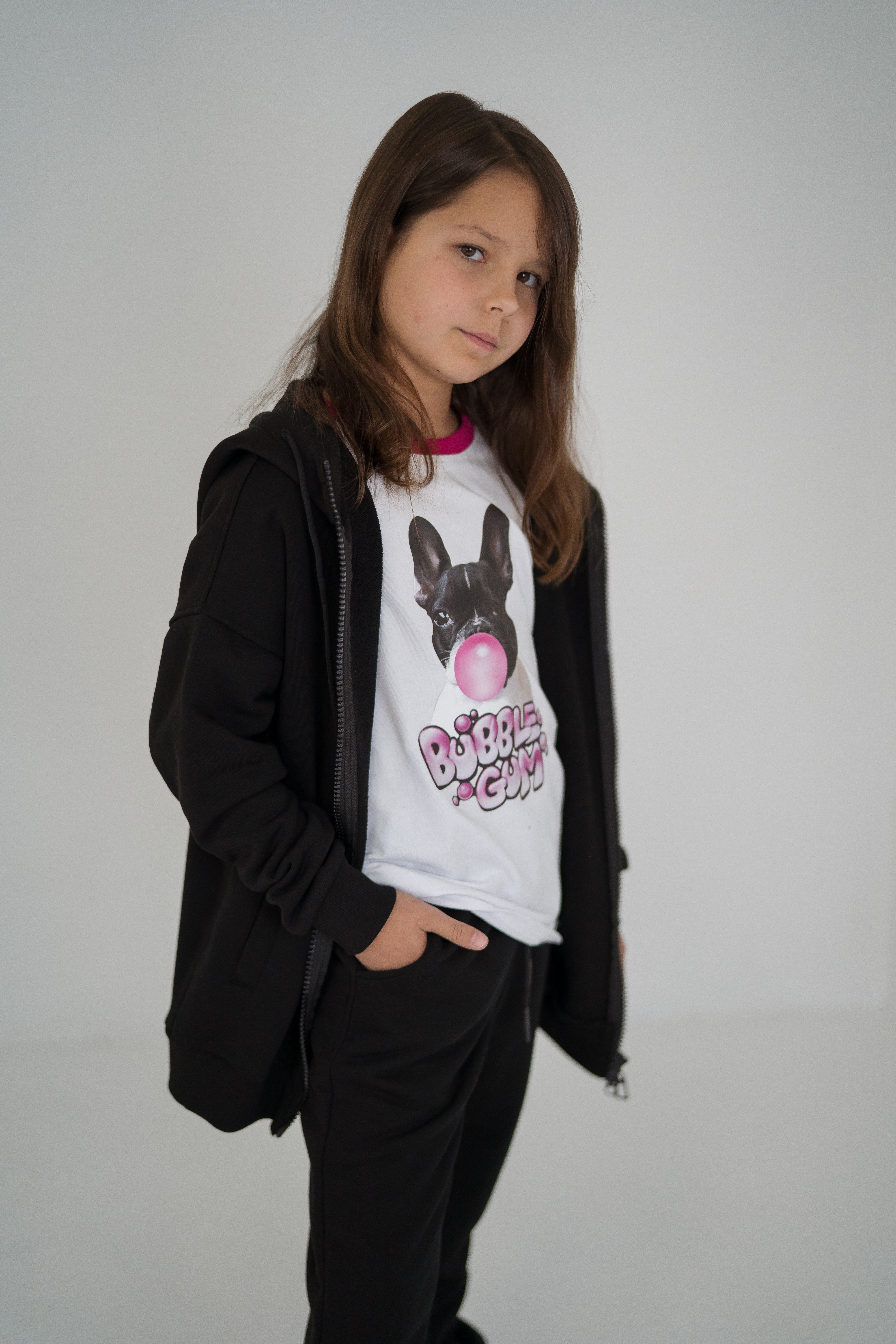 Longline zip-up hoodie with print for girls and boys - black - Lemoni Boutique