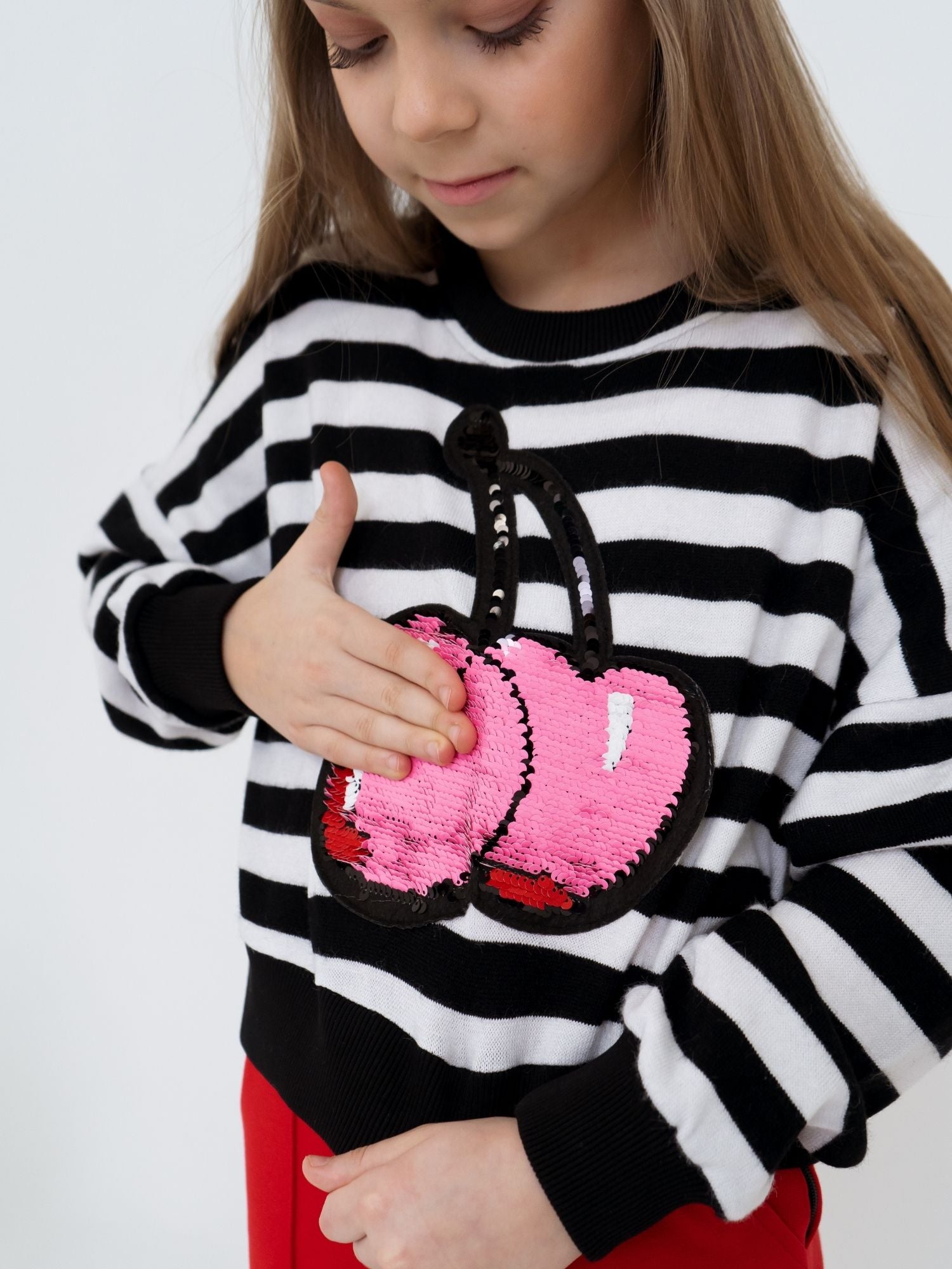 Striped Pullover with Color-Changing Sequin Cherry
