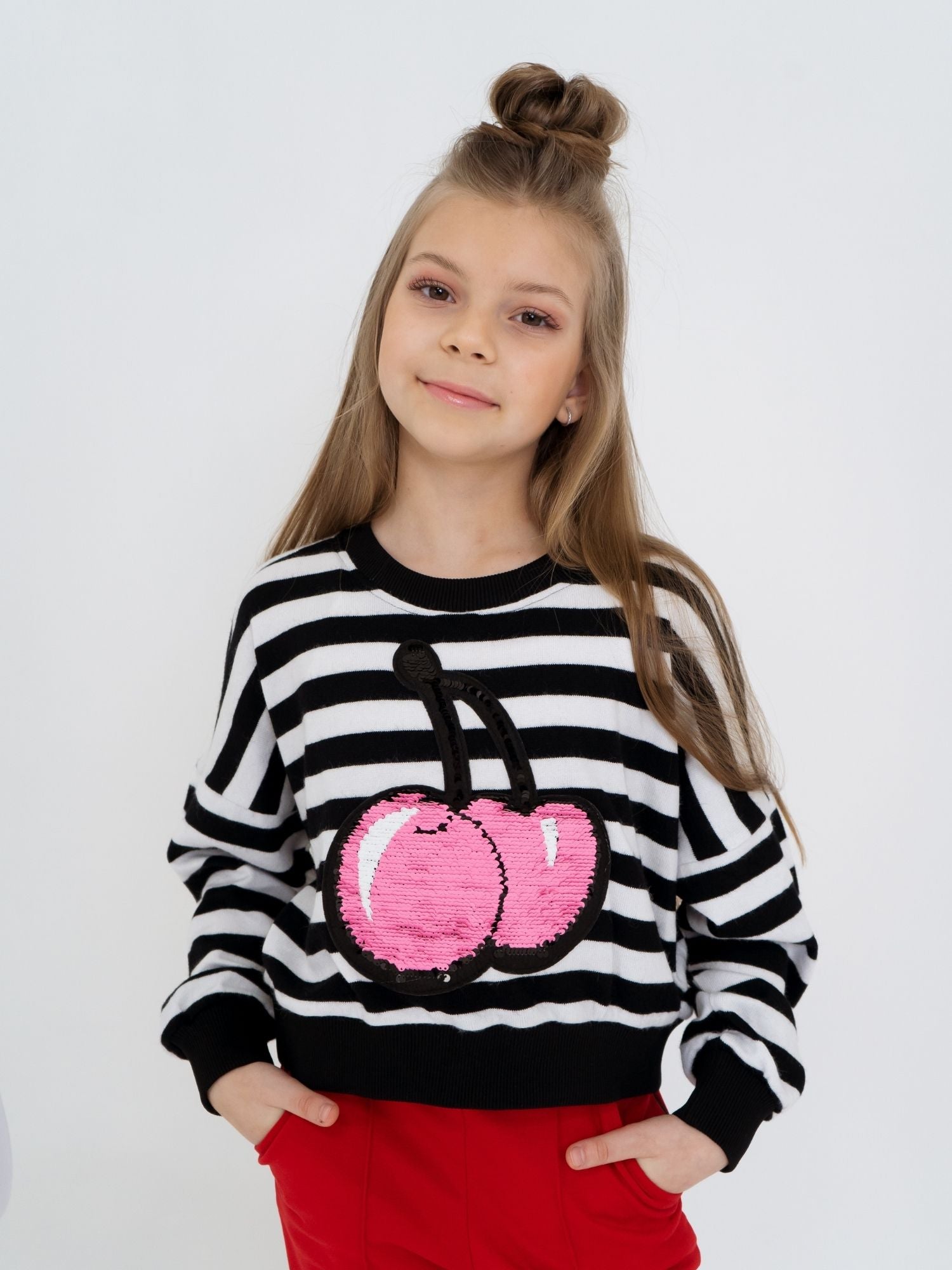 Striped Pullover with Color-Changing Sequin Cherry