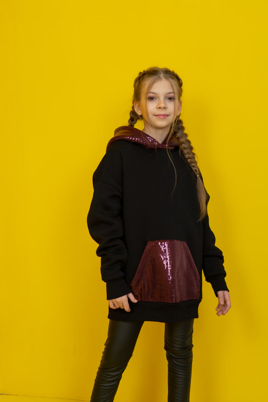 Warm Fleece Cotton Hoodie with Sequins — extended length
