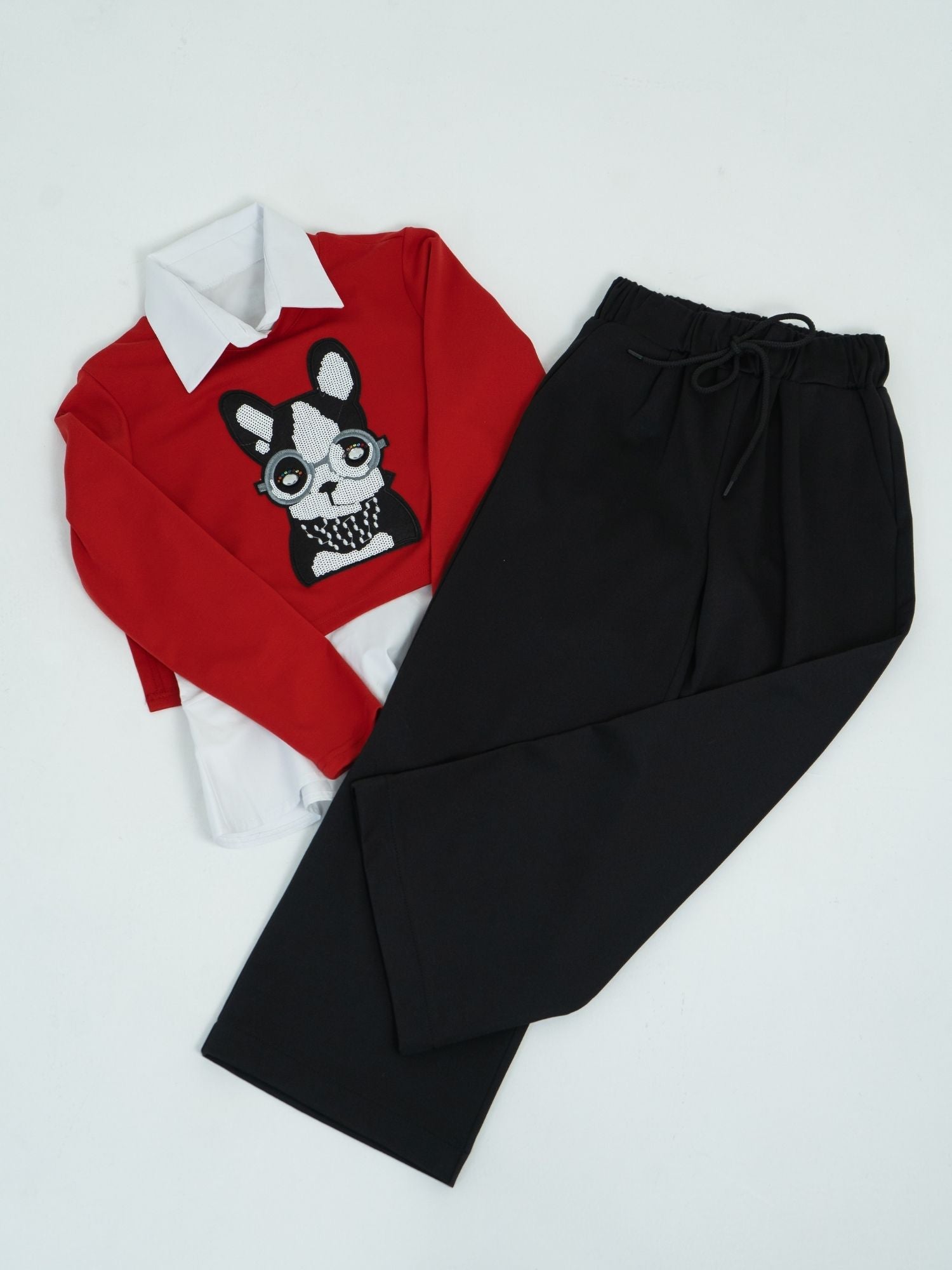 Set blouse and sweatshirt with a French bulldog - red